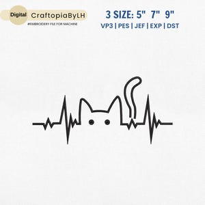 Diseño de bordado de gato con latidos, descarga digital para camisetas, bolsos, carteras y almohadas. Bordado a máquina de gato adorable. Bordado de gato divertido.