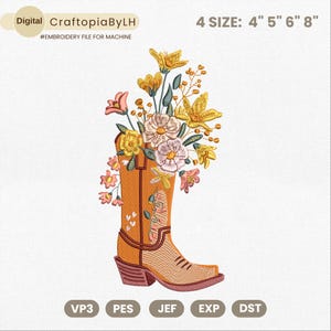 Floral Boots Embroidery Design, Country Cowgirl Boots Embroidery, Vintage Floral Boots File, Cowgirl Boots with Wildflower Embroidery File