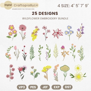 Floral Machine Embroidery Design Bundle, Mini Flower Designs, Wildflower Embroidery, Birth Month Flower, Satin Stitch File, Instant Download