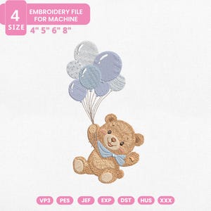 May include: An embroidery file for machine use featuring a teddy bear holding blue balloons. The bear has a blue bow tie. The text in the image indicates the design is available in sizes 4", 5", 6", and 8".