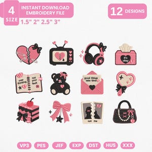 Dramacore Mini Icons Dramacore Aesthetic Instant Download, Pink Goth Machine Embroidery Files, 12 Mini Designs, Manual Digitizing