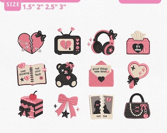 Dramacore Mini Icons Dramacore Aesthetic Instant Download, Pink Goth Machine Embroidery Files, 12 Mini Designs, Manual Digitizing