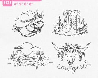 Cowgirl Set of 4 Sketch Embroidery Bundle Instant Download, Western Floral Outline Machine Embroidery Files, 4 Designs, Manual Digitizing