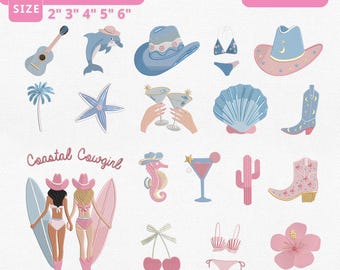 Pacote de Bordados Cowgirl Costeira | Arquivo de Bordado à Máquina com Tema de Praia Ocidental | Mini Bordados Cowgirl Retrô para Download Imediato