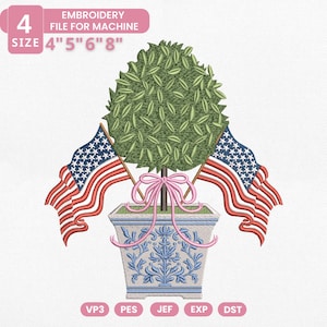 Patriotic Topiary Embroidery Design | Chinoiserie Pot US Flags Pes Dst Jef Vp3 | Grandmillennial 4th July Instant Download