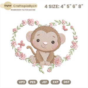 Monkey Embroidery Design, Baby Monkey with Floral Embroidery File, Woodland Animal File for Machine Embroidery, Instant Download, PES DST