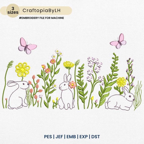 Flower Easter Machine Embroidery Designs, Easter Bunny Embroidery, Bunny with Wildflower – Vintage Digital Embroidery, Instant Download