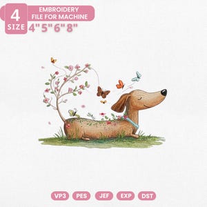 Peut inclure: Fichier de broderie machine représentant un teckel allongé dans l'herbe, entouré de papillons et de fleurs. Le design comprend le texte "BRODERIE POUR MACHINE" et des tailles de 10 cm, 13 cm, 15 cm et 20 cm.