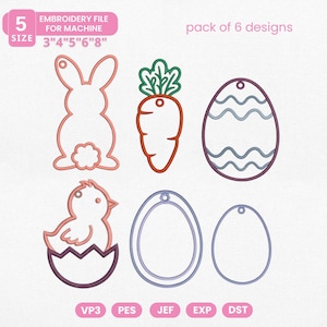 May include: A collection of six Easter-themed embroidery designs. The designs include a bunny, carrot, decorated egg, chick in an eggshell, and two egg-shaped tags. The text on the image reads "Embroidery File for Machine" and "pack of 6 designs."