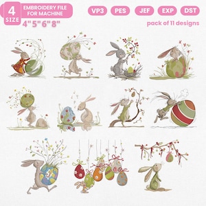 May include: A collection of 11 embroidery designs featuring bunnies and Easter eggs. The designs include bunnies interacting with eggs and carrying floral arrangements. The text on the image reads "EMBROIDERY FILE FOR MACHINE" and "SIZE 4"5"6"8" pack of 11 designs."
