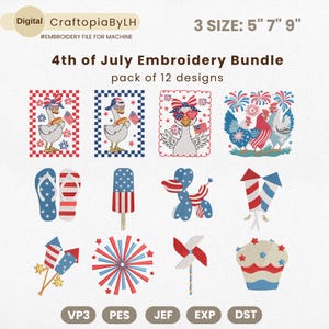 May include: Digital embroidery file bundle with 12 designs for the 4th of July. Designs include a goose with patriotic accessories, fireworks, a popsicle, a balloon dog, a kite, a pinwheel, and a cupcake. Available in 3 sizes: 12.7cm, 17.8cm, and 22.9cm.