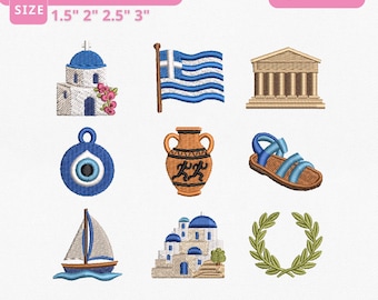 Greece Embroidery Design Bundle Instant Download, Greek Travel Machine Embroidery Files, Santorini Icons Collection, Manual Digitizing