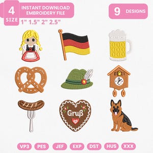 May include: Nine embroidery designs including a person in traditional clothing, a German flag, a beer mug, a pretzel, a green hat with a feather, a cuckoo clock, a sausage on a fork, a heart-shaped cookie with the text Gruß, and a German Shepherd.