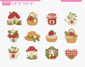 Strawberry Cottagecore Embroidery Bundle Instant Download, Strawberry Mini Icons Machine Embroidery Files, Manual Digitizing