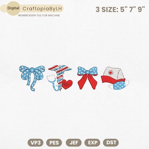 Könnte beinhalten: Digitales Stickmuster mit patriotischen Designs. Enthält eine blaue Schleife mit weißen Sternen, ein medizinisches Symbol mit Stethoskop und Herz, eine rote Schleife mit weißen Sternen und eine Krankenschwestermütze mit Gesichtsmaske. Erhältlich in 3 Größen: 12.7cm, 17.8cm und 22.9cm.