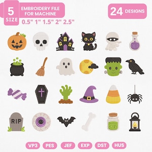 May include: A digital embroidery file set featuring 24 Halloween-themed designs including a pumpkin, skull, haunted house, black cat, mummy, potion bottle, cauldron, broom, ghost, moon, Frankenstein, raven, candy, coffin, zombie hand, witch hat, candy corn, spider, tombstone, eyeball, bat, bone, jar, and lantern in 5 sizes from 1.27 to 6.35 cm.