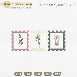 Diseño de bordado de sellos florales, diseño de bordado de sellos postales, diseño de bordado de flores silvestres, bordado de flores boho, descarga instantánea