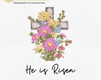 Easter Wildflower Cross Machine Embroidery Design, Easter Floral Cross, He is Risen, Christian Easter, Wooden Cross Digital Embroidery