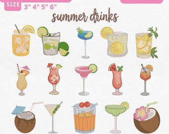 Pacote de Bordados de Bebidas de Verão | Bordado à Máquina de Coquetéis Tropicais | Download Instantâneo de Miniaturas de Bebidas para Festa na Praia