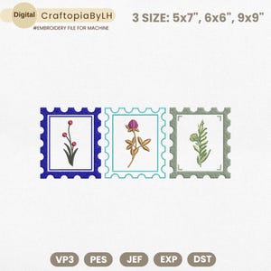 Diseño de bordado de sellos florales, diseño de bordado de sellos postales, diseño de bordado de flores silvestres, bordado de flores boho, descarga instantánea