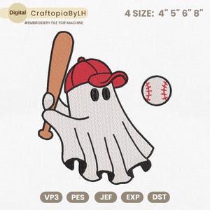 May include: An embroidered design featuring a ghost wearing a red baseball cap and holding a baseball bat. A baseball is to the right. The text "CraftopiaByLH" and "Embroidery File for Machine" are at the top. The design is available in 4 sizes: 4", 5", 6", and 8".