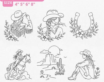 Western Line Art Sketch Embroidery Bundle Instant Download, Western Outline Machine Embroidery, Floral Cowgirl Bundle, Manual Digitizing