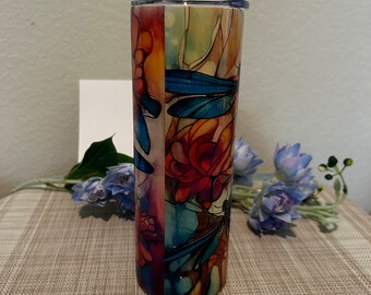 Dragonfly Watercolors / Dragonflies / Rainbow Coloring / Thermal Tumbler / 20 oz  / Hot or Cold / Gift