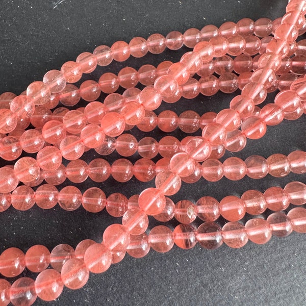 6mm smooth cherry quartz (glass) round beads, 15" full strand - glass pink beads- small beads to make jewelry with - translucent pink beads