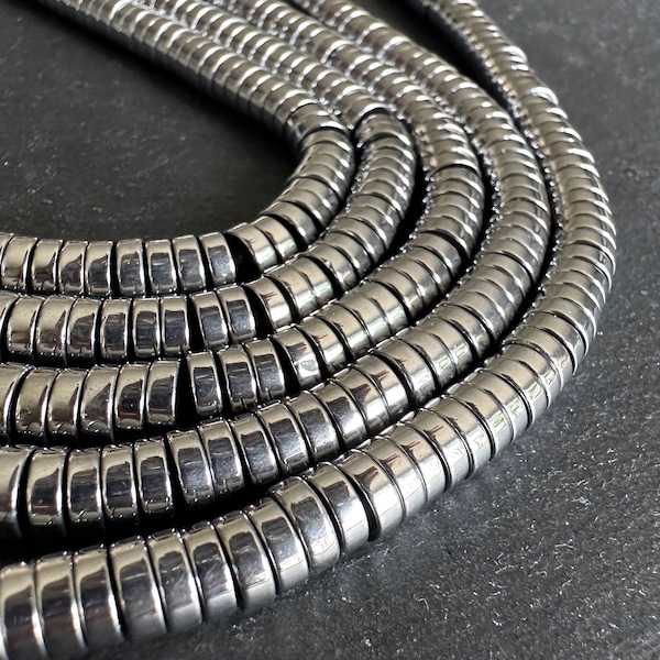 6mm platinum silver electroplated hematite heishi beads - synthetic - 15" strand - approx. 195 beads