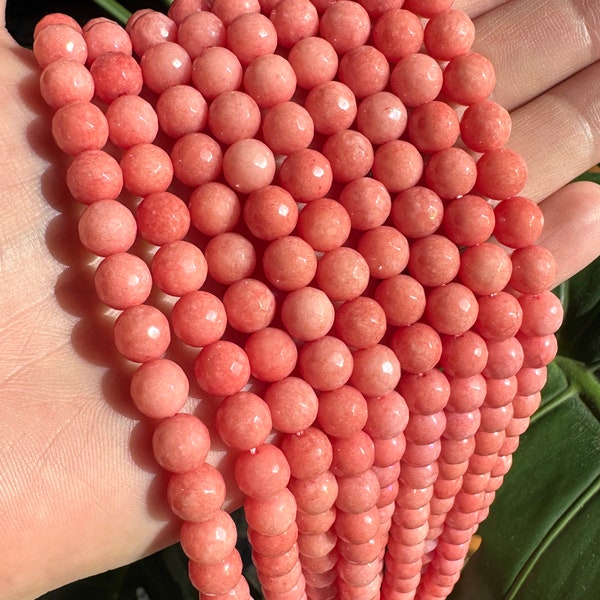 8mm coral pink jade (quartz) round beads, faceted, 15" full strand - coral pink beads - shiny beads pink - faceted round pink mala beads