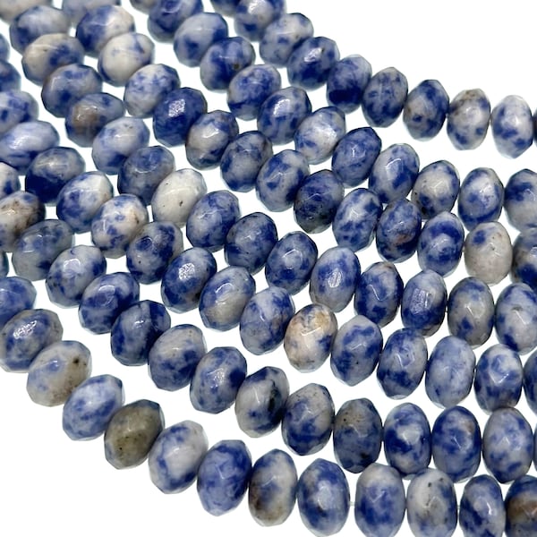 8mm Blue Spot Stone Rondelle Faceted beads - jasper beads - round disc beads - blue jasper - abacus beads - patterned - faceted jasper stone