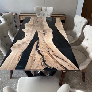 Walnut Wood Black Epoxy River Solid Table, Natural Walnut Wood Epoxy Dining Table, Free Shipping