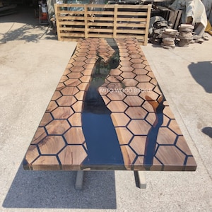 Walnut Wood Epoxy Hexagon Honeycomb Table, Resin Dining Hexagon Model Table, Handmade Furniture