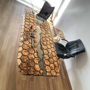 Epoxy Resin Table, Custom Office Desk, Honeycomb Hexagon Dining Room Table, Epoxy Kitchen Or Office Desk Table