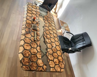 Mesa de resina epoxi, escritorio de oficina personalizado, mesa de comedor hexagonal en forma de panal, mesa de escritorio de oficina o cocina epoxi