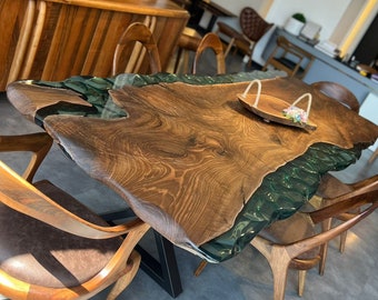 Live Edge Walnut Wood Epoxy Resin Dining Table, Handmade Epoxy Live Edge Kitchen Table