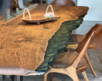 Custom Vivid Epoxy Edge Dining Table, Beam Refracted Epoxy and Natural Edge Kitchen Dining Table