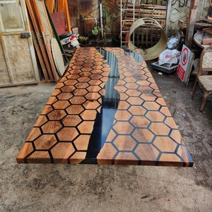 Dining Room Epoxy Resin Table, Special Walnut Dining Table, Honeycomb Hexagonal Dining room table