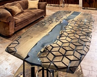 Mesa de epoxi de diseño especial hecha a mano y hecha a pedido, escritorio de epoxi con borde natural, muebles de oficina, mesa de comedor y cocina.