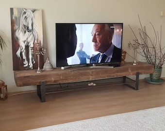 Houten tv-meubelset, walnoot tv-consoleset, houten mediastandaard/opslag, tv-kast met planken (groot)