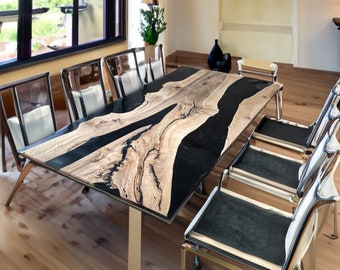 Walnut Wood Epoxy Dining and Kitchen Table, Furniture Black Resin Table