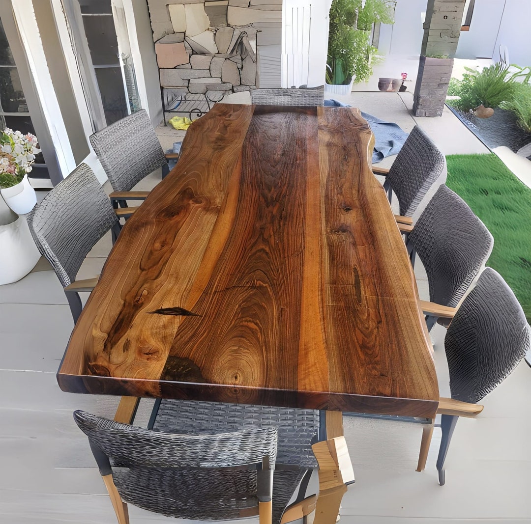 Outdoor Custom Handmade Wood Dining Table, Live Edge Walnut Dining