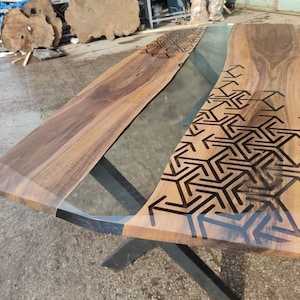 Clear Modern Epoxy Table, Made to Order Custom Walnut Hexagon Epoxy Table, Epoxy Dining Table, Conference Room Table, Furniture