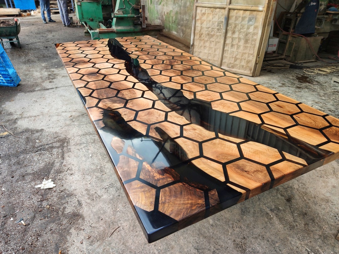 Black Hexagon Epoxy Table, Dining Table, Custom Order Walnut