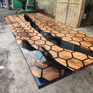 Black Hexagon Honeycomb Epoxy Table, Dining Table, Custom Order Walnut Epoxy Table Inactive