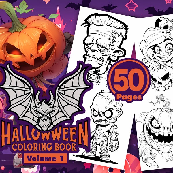 Halloween Coloring Book Vol 1, 50 Printable Pages, Instant Download, 8.5x11, Stress Relief, Spooky, Anime, Cartoon, Adult, Children