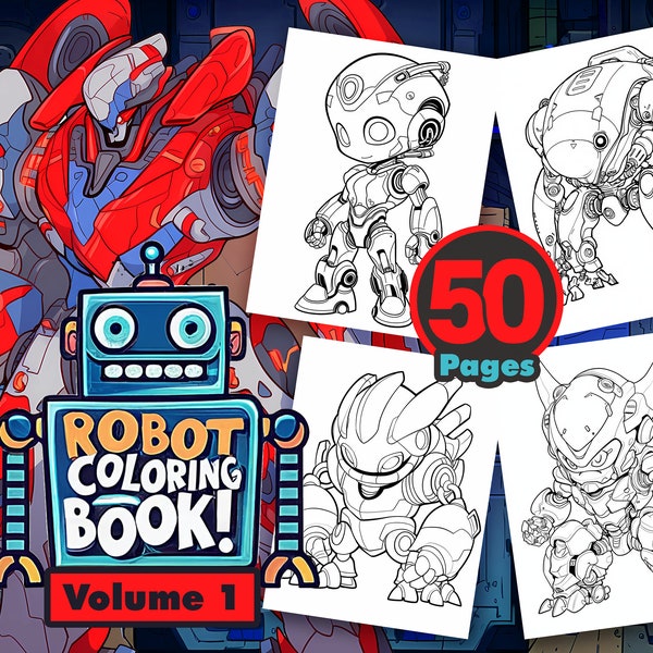 Robot Coloring Book Vol 1, 50 Printable Pages, Instant Download, 8.5x11, Stress Relief, Space, Mech, Anime, Machine, Adult, Children