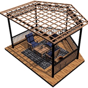 May include: A black metal gazebo with a wooden slat roof and a wooden deck floor. The gazebo has a railing around the perimeter and is furnished with blue chairs and a table.