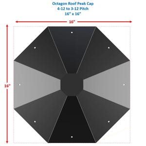 May include: An overhead view of an octagon roof peak cap. The cap is 16 inches by 16 inches and features a 4-12 to 3-12 pitch. The cap is a mix of black and gray panels with small white circular details.