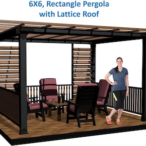 May include: A black metal pergola with a wooden lattice roof and a wooden deck. The pergola is 6 feet by 6 feet and has a lattice roof. There are four chairs and a table under the pergola.
